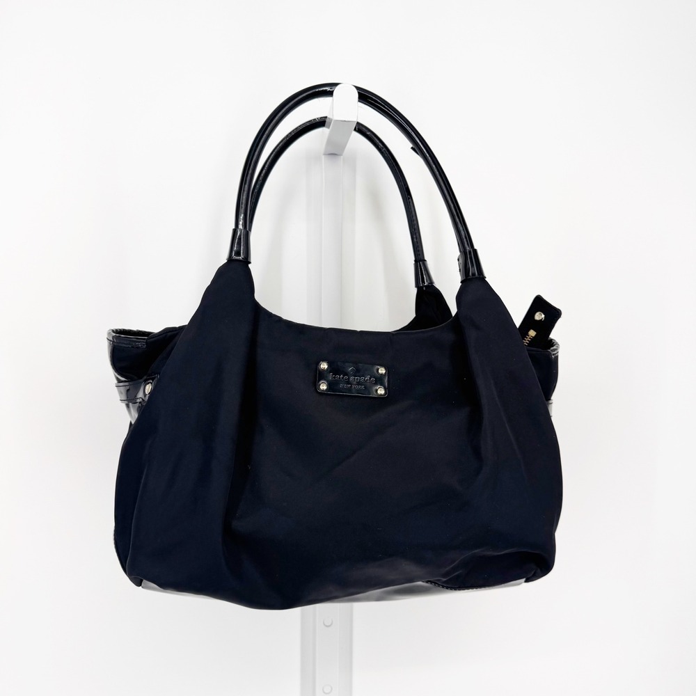 Kate Spade Black Nylon Patent Leather Trim Polka Dot Lining Shoulder Bag Medium